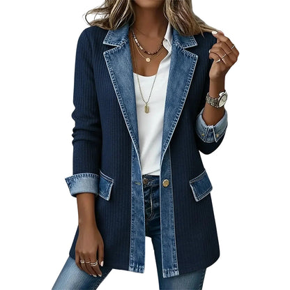 Abrigo elegante de punto acanalado para mujer con paneles de denim