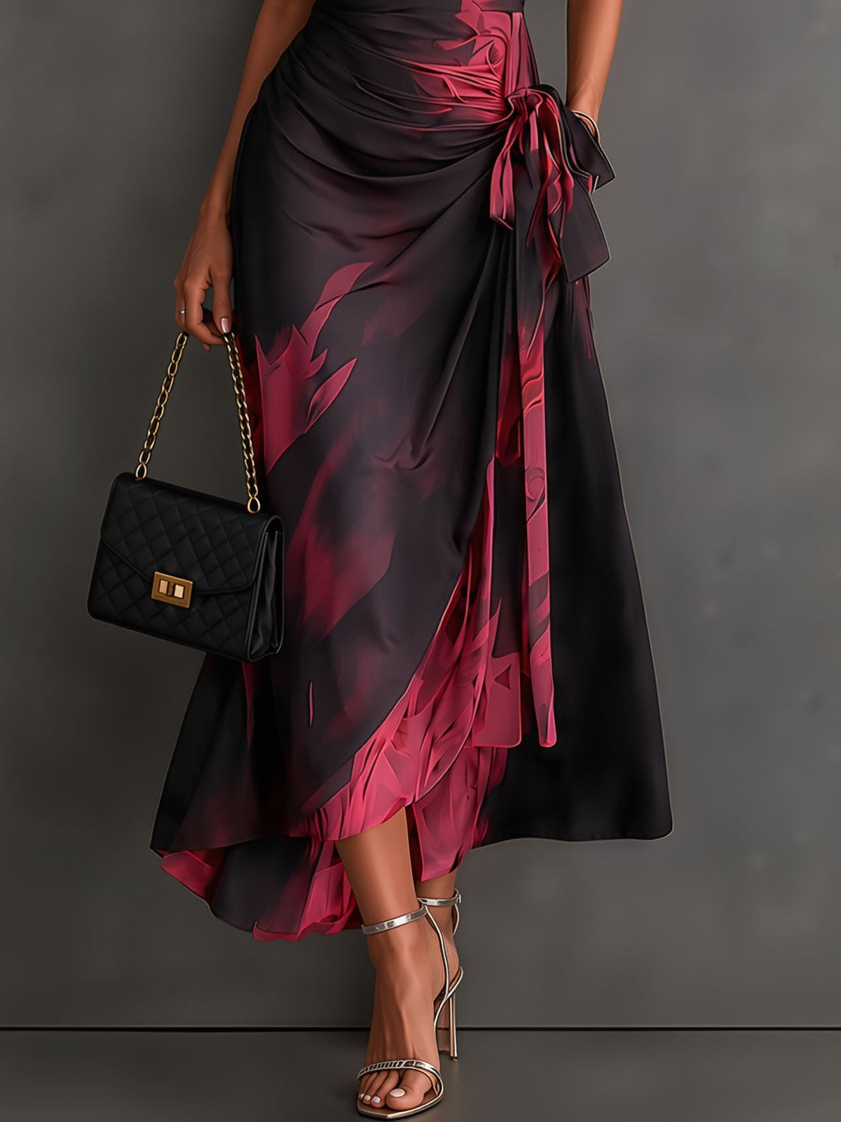 Vestido midi cruzado con estampado abstracto en rojo y negro