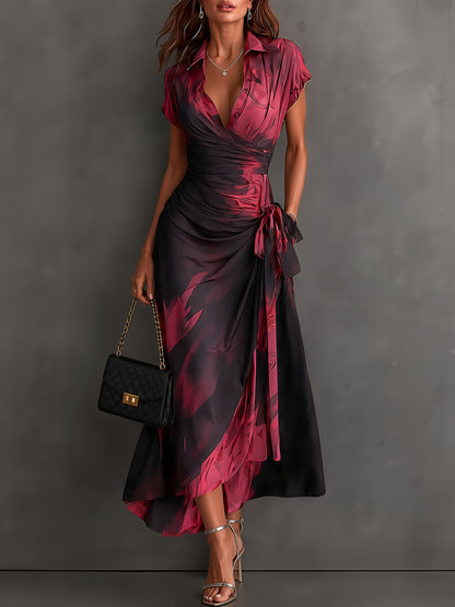 Vestido midi cruzado con estampado abstracto en rojo y negro