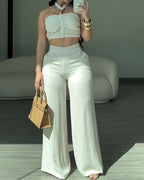 Conjunto Dos Piezas Top Halter Trenzado y Pantalón de Campana