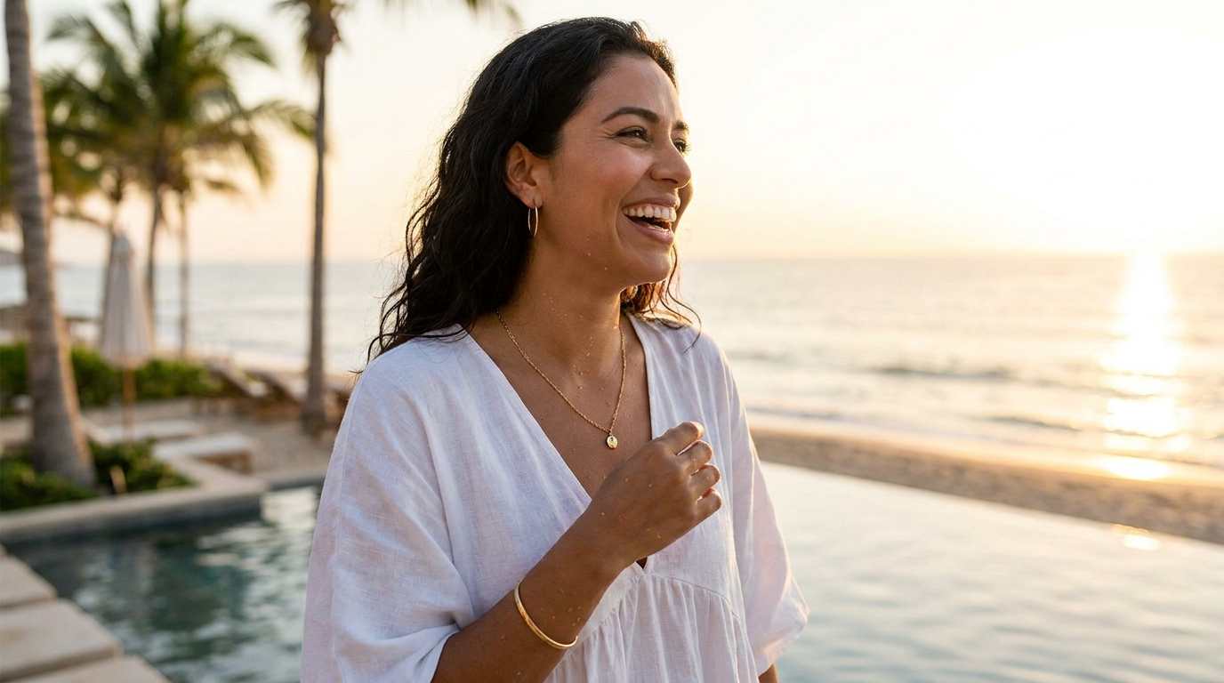 Mujer latina en beach resort con joyas doradas impermeables - Venbelia