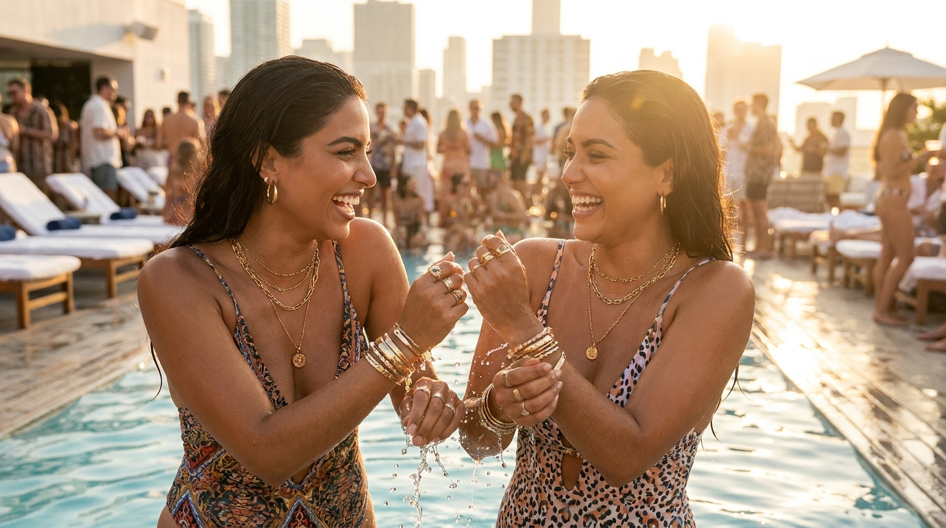 Dos amigas latinas con joyas doradas en la piscina - Venbelia