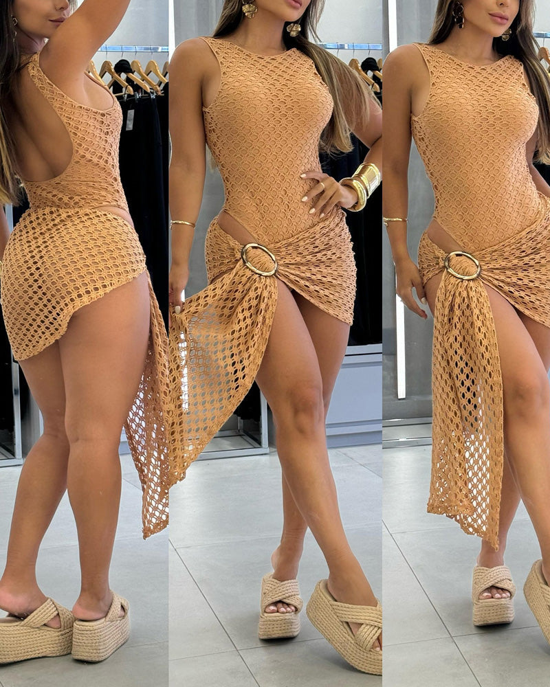 Set de Playa Caleta – Traje de Baño y Falda de Crochet con Anillo