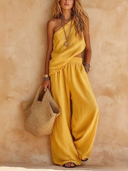 Pink One-shoulder Sleeveless Top And Pants Casual Set