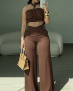 Conjunto Dos Piezas Top Halter Trenzado y Pantalón de Campana